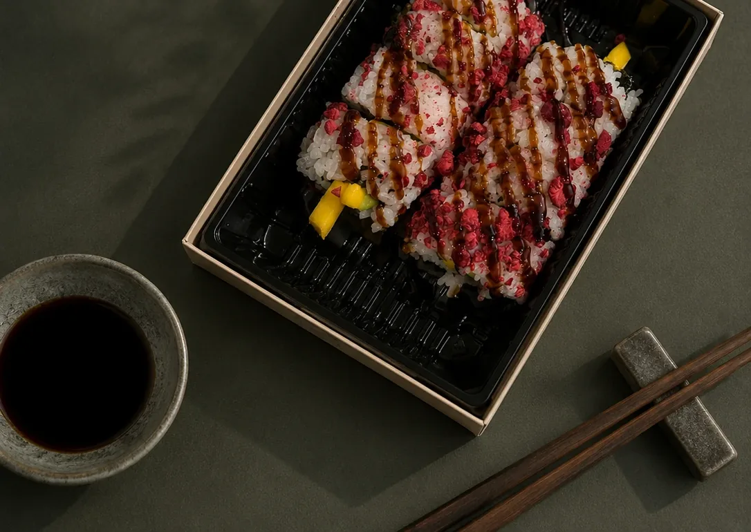 Signature Roll mit Mango, Avocado und Himbeer-Crunch in der OZU-Box