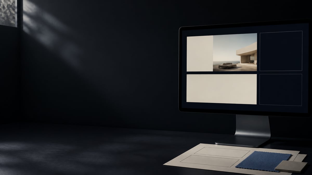 Monitor auf dunklem Tisch, auf dem Bildschirm cremefarbene und nachtblaue Flächen neben einem Foto eines Hauses, davor ein Blatt mit Rechtecken und ein blaues Stoffstück