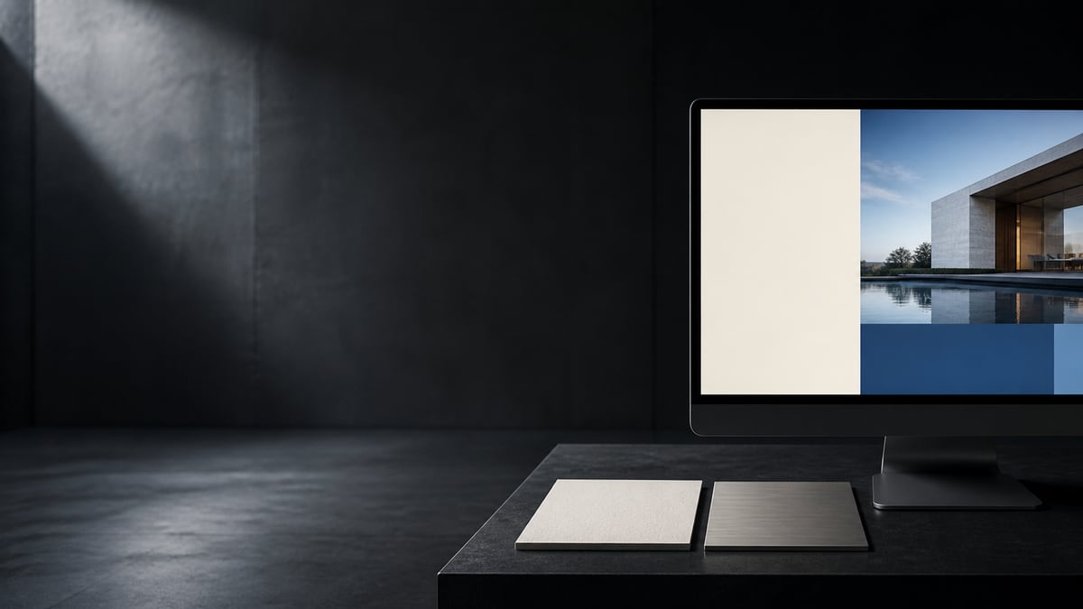 Zwei Musterplatten in Creme und Silber liegen auf einem dunklen Tisch vor einem Monitor, der eine cremefarbene Fläche neben einem Hausfoto und blauem Band zeigt
