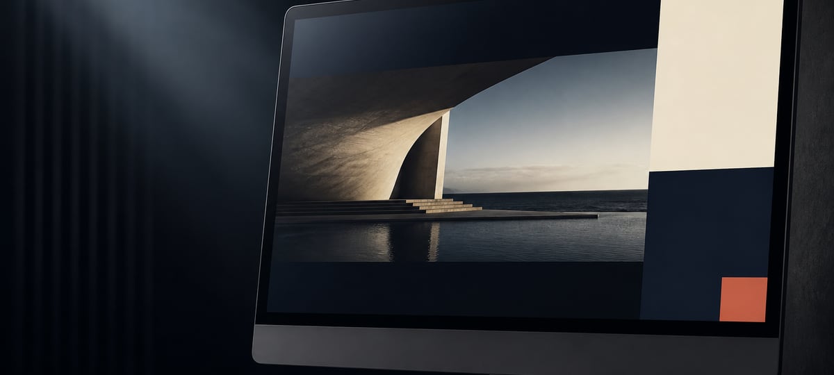 Großer Bildschirm mit einer aufgeräumten Webseite, davon fällt Licht in einen dunklen Raum