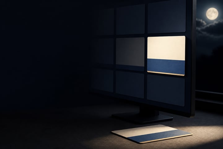 Monitor mit einem Raster nachtblauer Karten, eine davon leuchtet in Creme und Blau, davor liegt eine gleiche Karte auf dem Tisch, im Fenster ein Vollmond