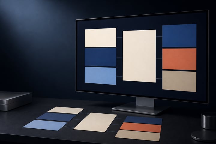 Monitor mit Rechtecken in Creme, Blau, Hellblau und Terrakotta, durch Linien mit einer großen cremefarbenen Fläche verbunden, davor dieselbe Anordnung aus Karten auf dem Tisch