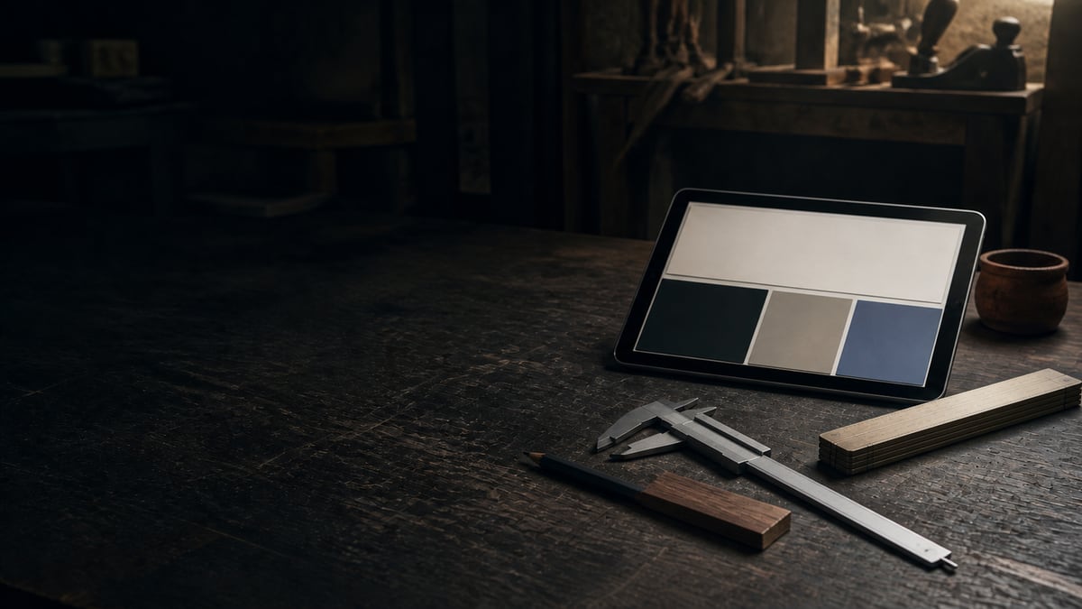 Tablet auf einer dunklen Werkbank, der Bildschirm zeigt eine cremefarbene Fläche und drei Farbfelder in Nachtblau, Silber und Blau, davor Messschieber, Bleistift und Zollstock