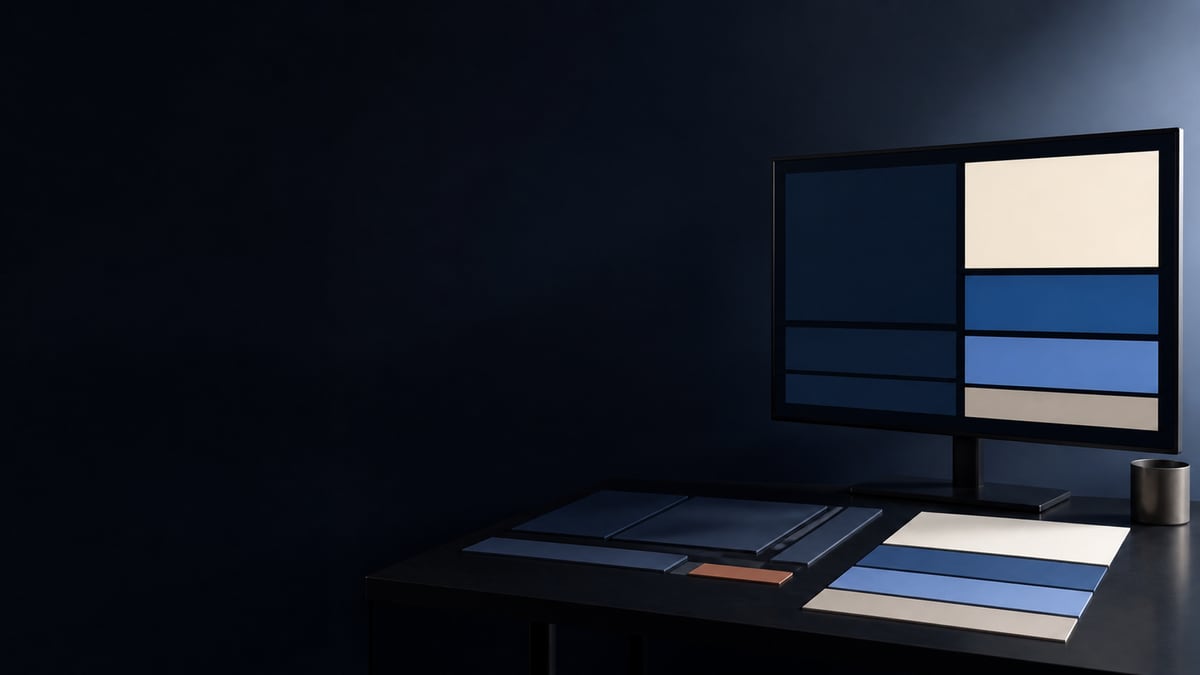 Monitor auf einem dunklen Schreibtisch, auf dem Bildschirm stapeln sich Antwortkarten in Creme und Blau, davor liegen weitere Karten