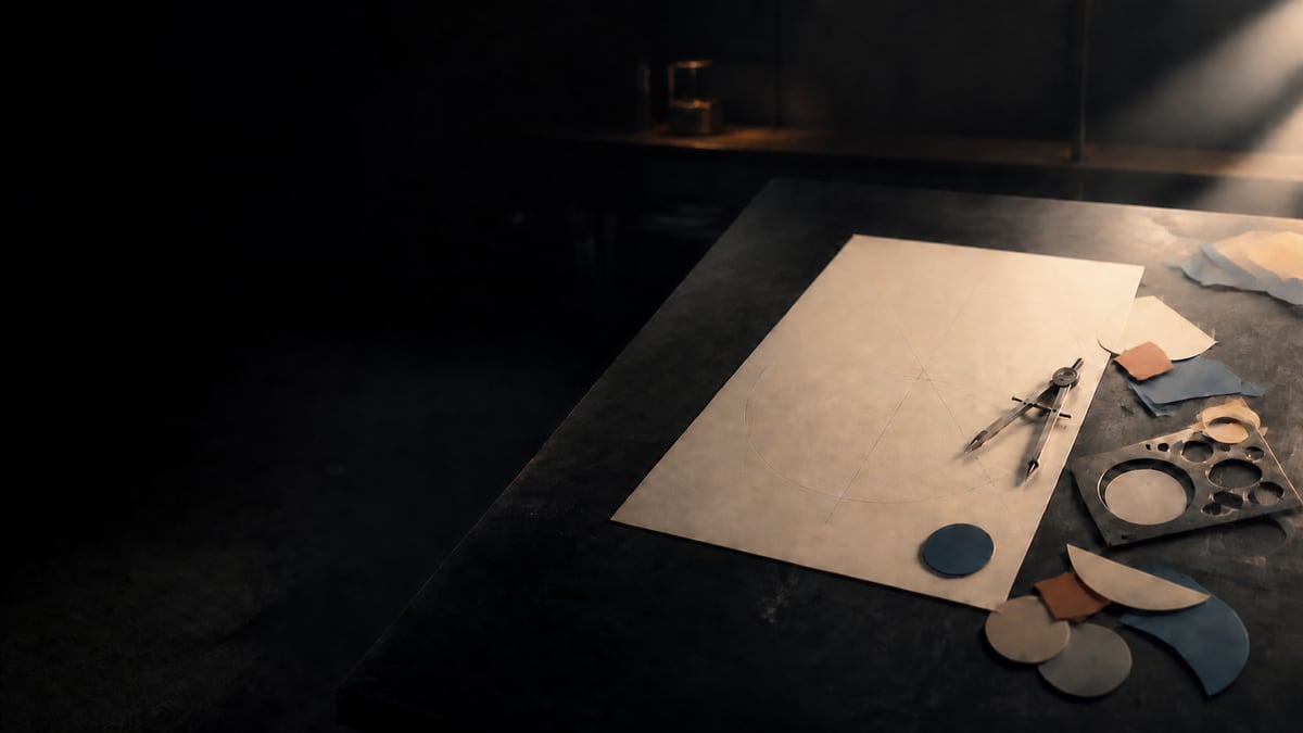 Silberner Zirkel auf einem cremefarbenen Blatt mit angezeichnetem Kreisbogen, am Blattrand eine Kreisschablone und ausgeschnittene Formen in Blau, Creme und Terrakotta auf dunklem Tisch
