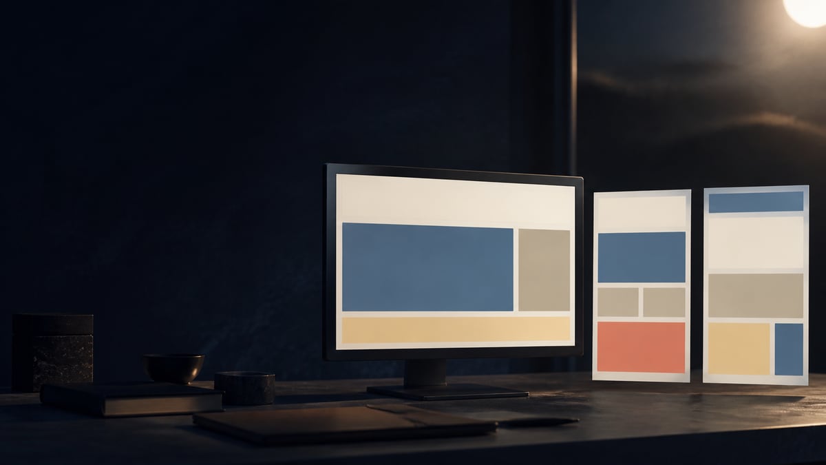 Monitor mit Farbflächen in Creme, Blau und Silber auf dem Bildschirm, daneben stehen zwei hochkante Tafeln mit ähnlichen Flächen und einer in Terrakotta