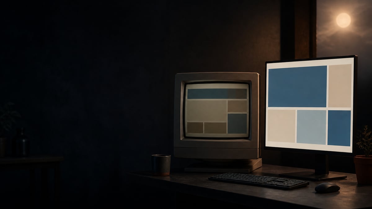 Ein Röhrenmonitor mit blassen Feldern und ein flacher Bildschirm mit Flächen in Creme, Blau und Hellblau auf einem dunklen Schreibtisch, im Hintergrund der Mond