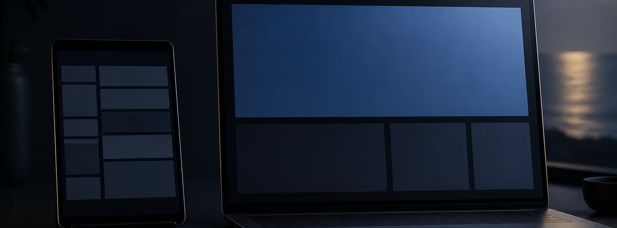 Ein kleines altes Gerät neben einem Laptop mit neuem, klar gegliedertem Bildschirm, im Fenster der Mond