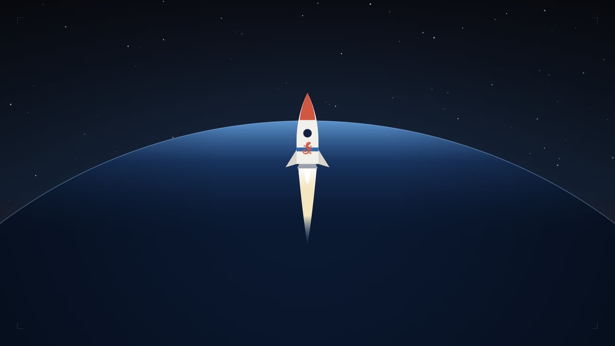 Eine gezeichnete Rakete mit cremefarbenem Rumpf und terrakottafarbener Spitze steigt ueber dem blau beleuchteten Erdrand in den Sternenhimmel