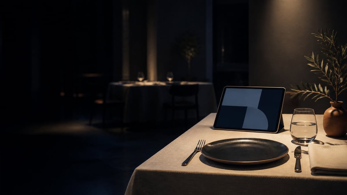 Cremefarben gedeckter Tisch mit dunklem Teller, Besteck, Wasserglas und Terrakotta-Vase mit Zweig, dahinter ein Tablet mit hellblauen und nachtblauen Flächen in einem dunklen Raum