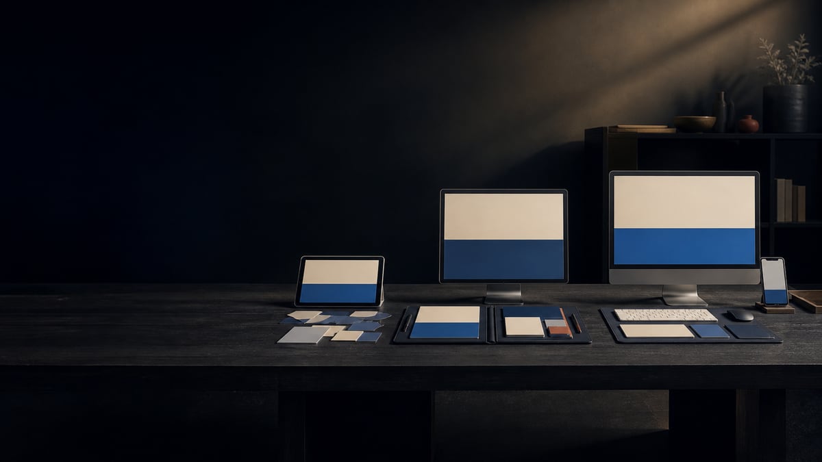 Tablet, zwei Monitore und ein Handy zeigen Flächen in Creme und Blau, davor auf dem dunklen Tisch lose Karten, eine offene Mappe und eine Tastatur