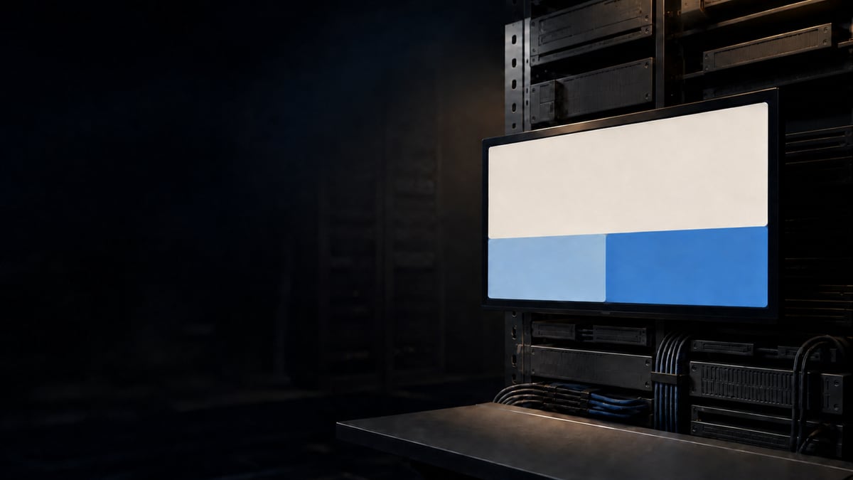 Monitor vor einem dunklen Serverschrank, auf dem Bildschirm eine cremefarbene Fläche über hellblauen und blauen Feldern, darunter gebündelte Kabel