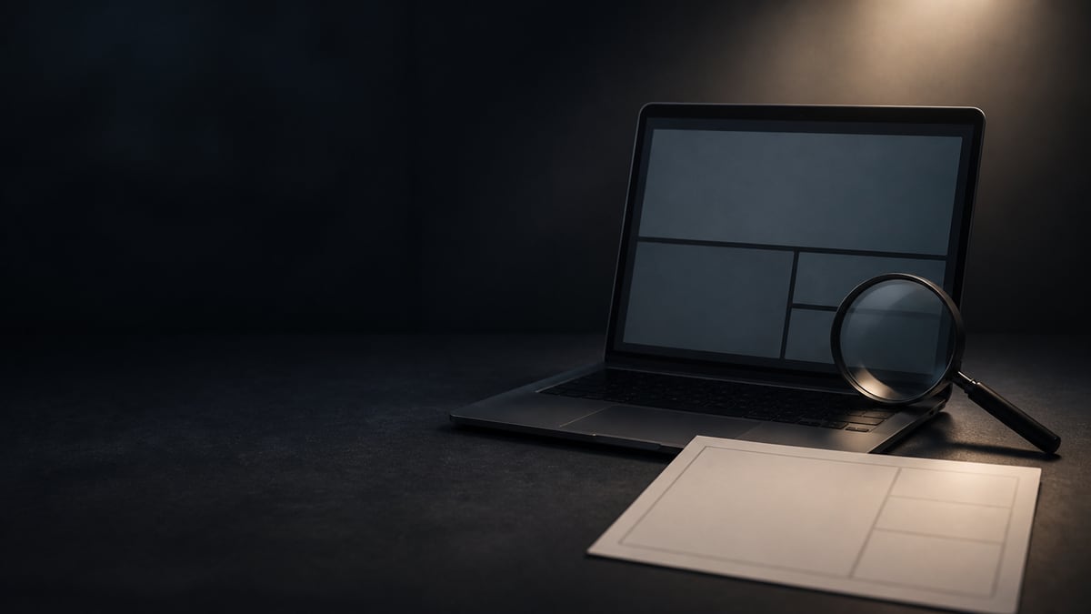 Laptop im warmen Mondlicht, der Bildschirm zeigt leere Felder in mattem Blau, rechts lehnt eine Lupe daran, davor ein cremefarbenes Blatt mit Rechtecken