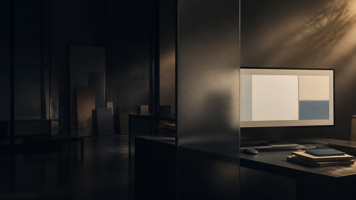 Dunkler Raum mit angelehnten Tafeln, davor eine hohe Trennwand, rechts ein Monitor mit Flächen in Creme und Blau auf einem Schreibtisch im warmen Mondlicht